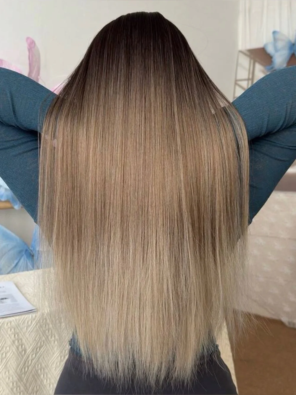 22” Human Hair Blend Clip-In Extensions 3 Piece Ombre Brown Blonde Straight